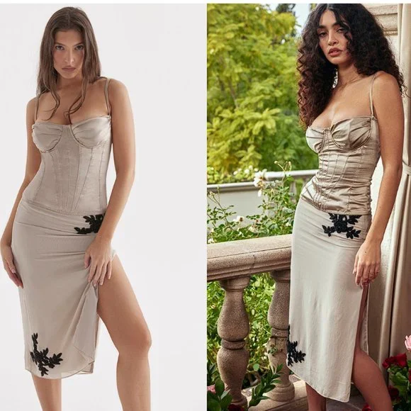 HOUSE OF CB 'Amal' Champagne Beaded Midi Skirt NWOT - Picture 1 of 4